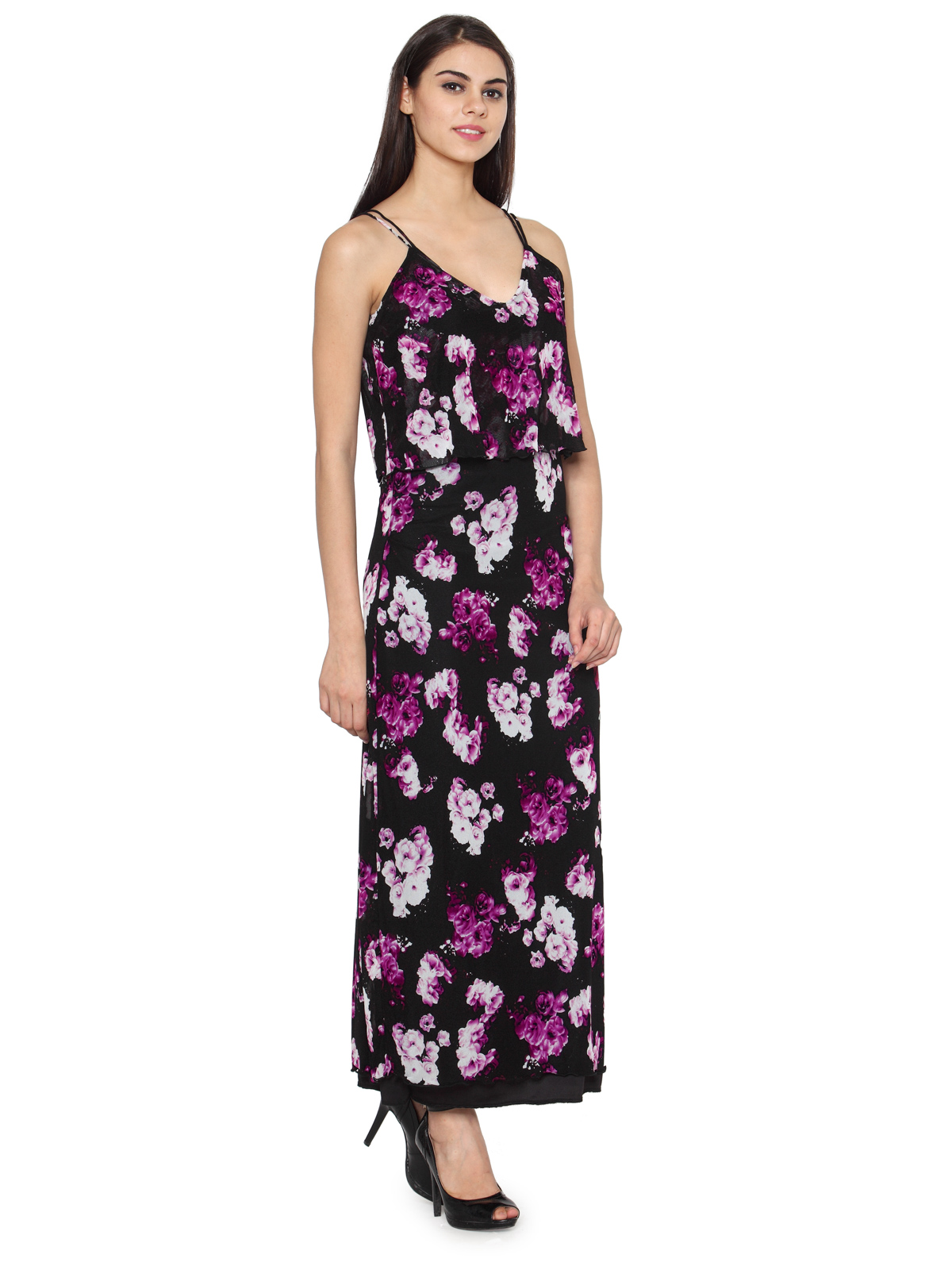 Keep it Classy Black and Violet printed maxi dress